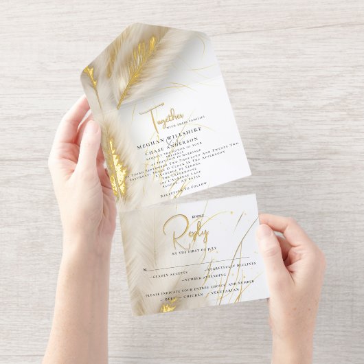 Elegant Boho Ivory and Gold Pampas Foil All-in-One-Einladung (Abreißstreifen)