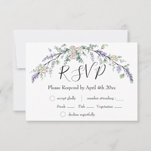 Elegant boho Lavender white Rose und Eucalyptus RSVP Karte (Vorderseite)