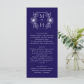 Elegant Boho Leaf Monogram Blue and White Wedding Menükarte (Stehend Vorderseite)