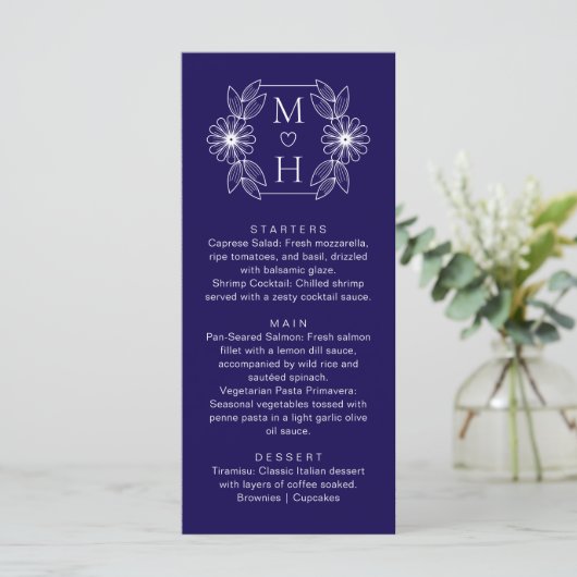 Elegant Boho Leaf Monogram Blue and White Wedding Menükarte (Stehend Vorderseite)