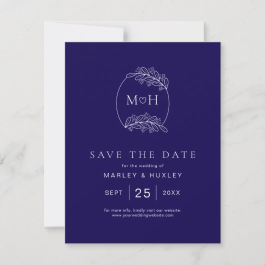 Elegant Boho Leaf Monogram Blue and White Wedding Save The Date (Vorderseite)