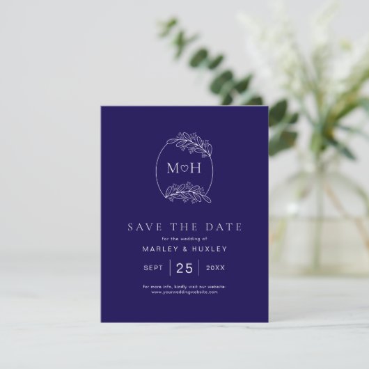 Elegant Boho Leaf Monogram Blue and White Wedding Save The Date (Stehend Vorderseite)