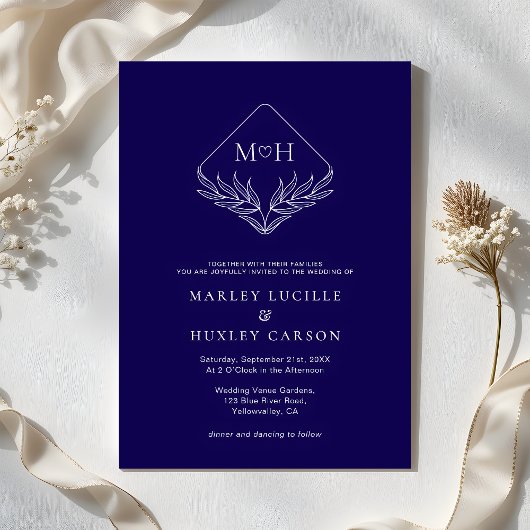 Elegant Boho Leaf Monogram Dark Blue Wedding Einladung