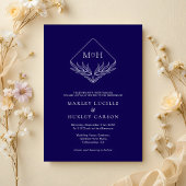 Elegant Boho Leaf Monogram Dark Blue Wedding Einladung