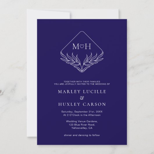 Elegant Boho Leaf Monogram Dark Blue Wedding Einladung (Vorderseite)