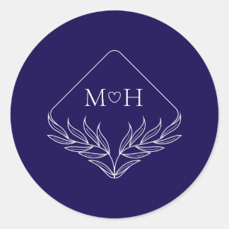 Elegant Boho Leaf Monogram Dark Blue Wedding Runder Aufkleber