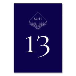 Elegant Boho Leaf Monogram Dark Blue Wedding Tischnummer