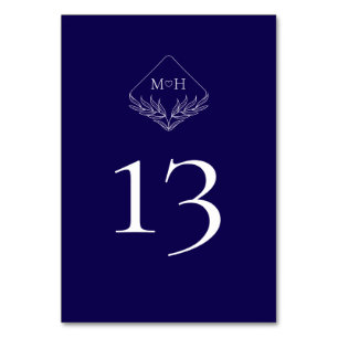 Elegant Boho Leaf Monogram Dark Blue Wedding Tischnummer