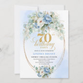 Elegant Boho Light Blue Flowers Gold 70th Birthday Einladung (Vorderseite)