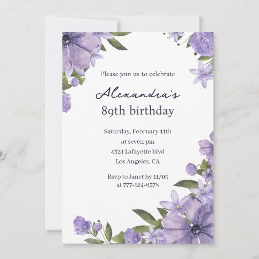 Elegant Boho lila Floral 89. Geburtstag Einladung (Vorderseite)
