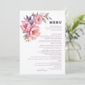 Elegant Boho Lila Peony Wedding Menu Menükarte (Stehend Vorderseite)