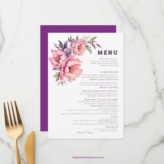 Elegant Boho Lila Peony Wedding Menu Menükarte