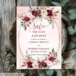 Elegant Boho Marsala Blush Gold Floral Save Date Einladung