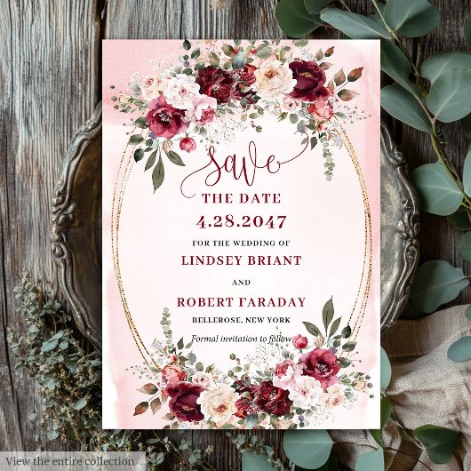 Elegant Boho Marsala Blush Gold Floral Save Date Einladung
