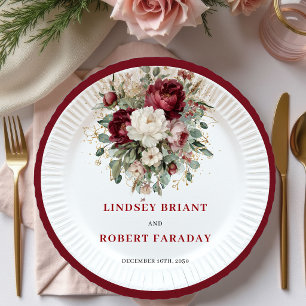 Elegant Boho Marsala Florale Grünpflanzen Goldene Pappteller