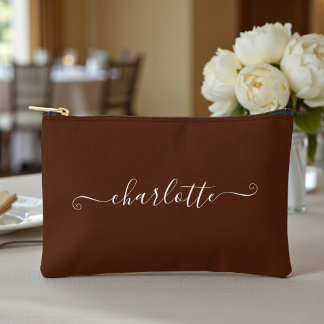 Elegant Boho Minimalist Brautjungfer Name | Braun Zubehörtasche