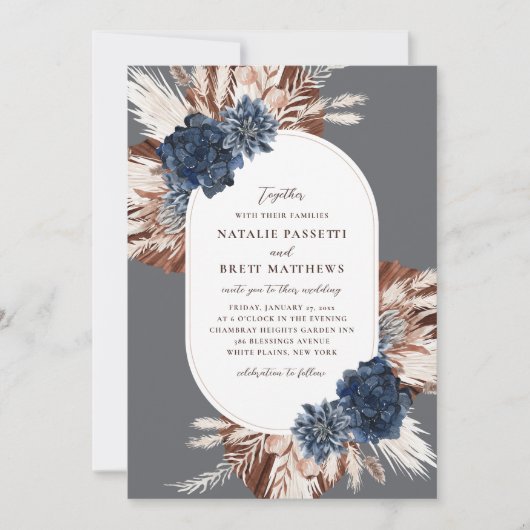 Elegant Boho Navy and Brown Florals Oval Wedding Einladung (Vorderseite)