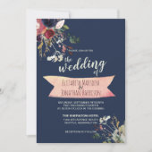 Elegant Boho Navy Blue Burgundy Floral Wedding Einladung (Vorderseite)