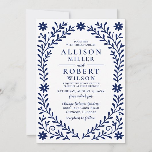 Elegant Boho Navy Floral Wedding Einladung (Vorderseite)
