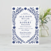 Elegant Boho Navy Floral Wedding Einladung (Stehend Vorderseite)