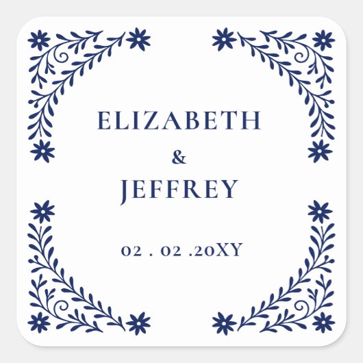 Elegant Boho Navy Floral Wedding Quadratischer Aufkleber (Vorderseite)