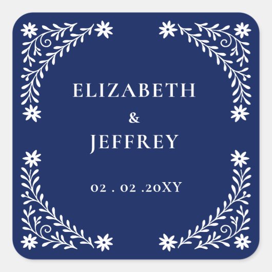 Elegant Boho Navy Floral Wedding Quadratischer Aufkleber (Vorderseite)