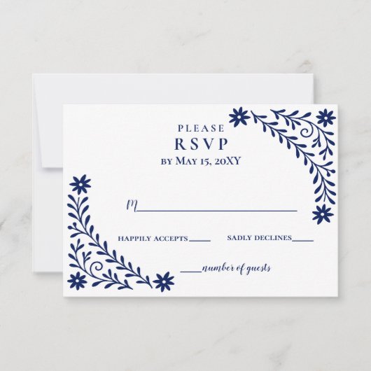 Elegant Boho Navy Floral Wedding RSVP Karte (Vorderseite)