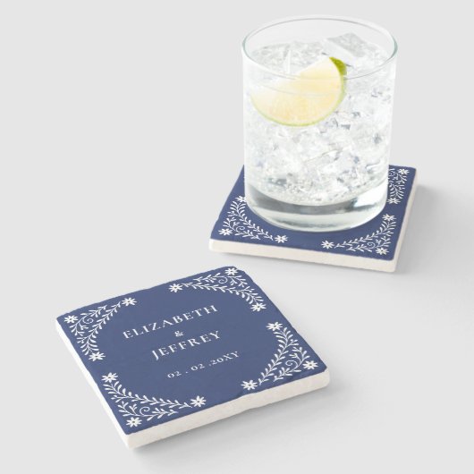 Elegant Boho Navy Floral Wedding Steinuntersetzer (Seitenansicht)