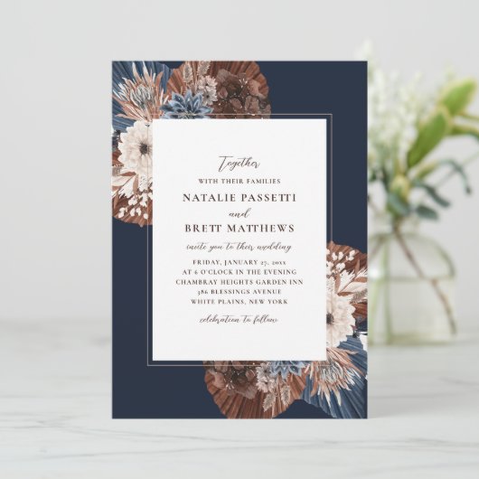 Elegant Boho Navy und Brown Florals Wedding Einladung (Stehend Vorderseite)