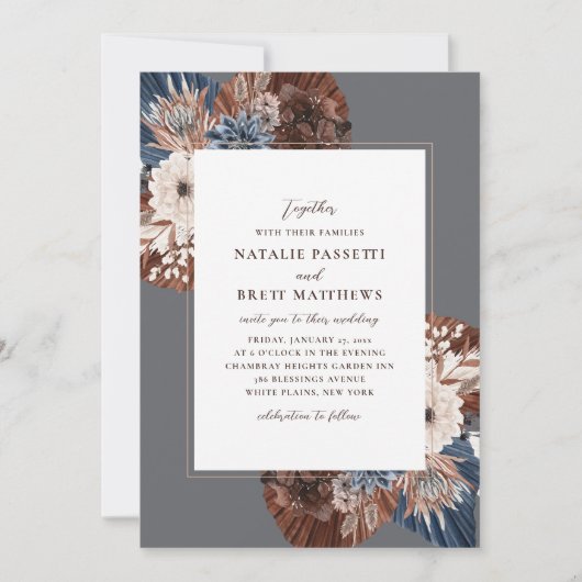 Elegant Boho Navy und Brown Florals Wedding Einladung (Vorderseite)