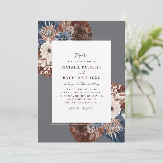 Elegant Boho Navy und Brown Florals Wedding Einladung (Stehend Vorderseite)