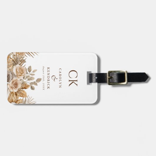 Elegant Boho Neutral Floral Monogram Wedding Gepäckanhänger (Vorderseite horizontal)