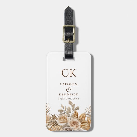 Elegant Boho Neutral Floral Monogram Wedding Gepäckanhänger (Vorderseite vertikal)