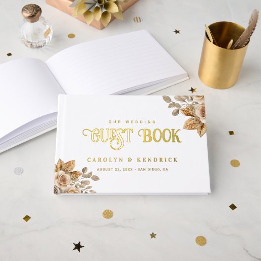 Elegant Boho neutrale florale Accents Wedding Gold Gästebuch (Vorderseite Offen)