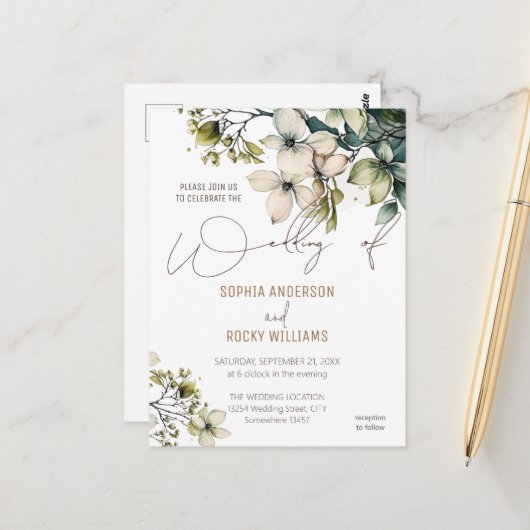 Elegant Boho Niedliche Wildblume Hochzeitskarte Fl Postkarte (Vorderseite/Rückseite Beispiel)