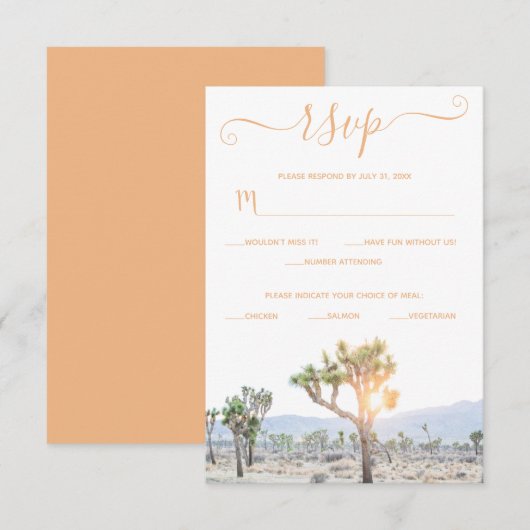 Elegant Boho Orange Custom Joshua Tree Wedding RSVP Karte (Vorne/Hinten)