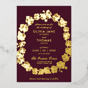 Elegant Boho Orchid Floral Wreath Burgundy Wedding Folieneinladung