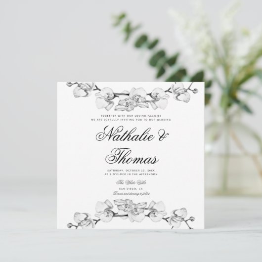 Elegant Boho Orchids Schwarz-weiß Einzigartige Hoc Einladung (Stehend Vorderseite)