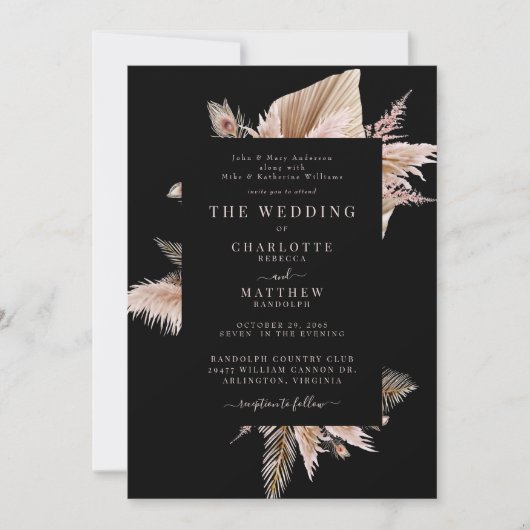Elegant Boho Pampas Black Wedding Einladung (Vorderseite)