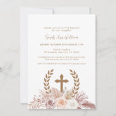 Elegant Boho Pampas Blumenkreuz Taufe Einladung (Vorderseite)