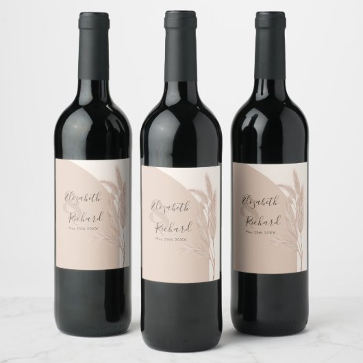 Elegant Boho Pampas Grass Moderne Hochzeit Weinetikett (Flaschen)