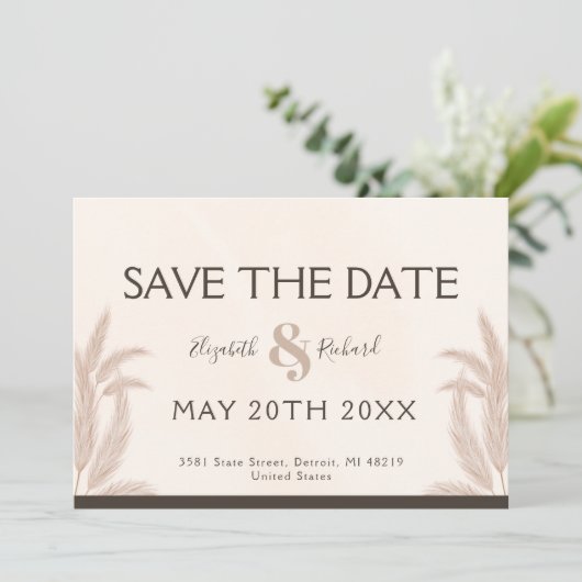 Elegant Boho Pampas Wedding Save the Date Einladung (Stehend Vorderseite)