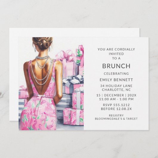 Elegant Boho Pink Brunch Einladung (Vorne/Hinten)