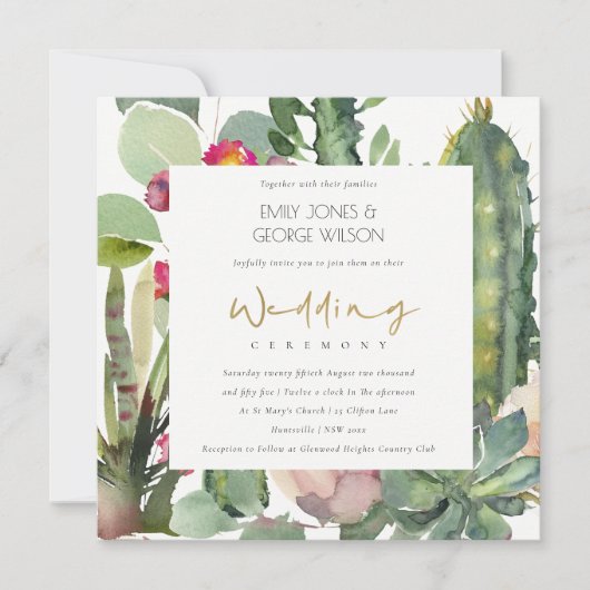 ELEGANT BOHO PINK FLORAL CACTI FOLIAGE WEDD EINLADUNG (Vorderseite)