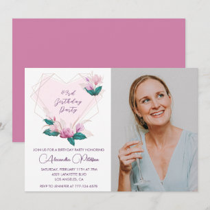 Elegant Boho Pink Floral Foto 43. Geburtstag Einladung