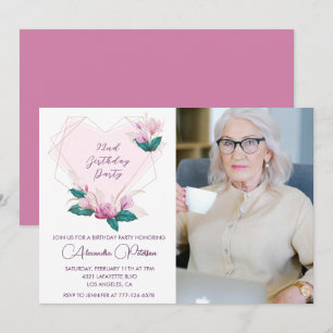 Elegant Boho Pink Floral Foto 92. Geburtstag Einladung