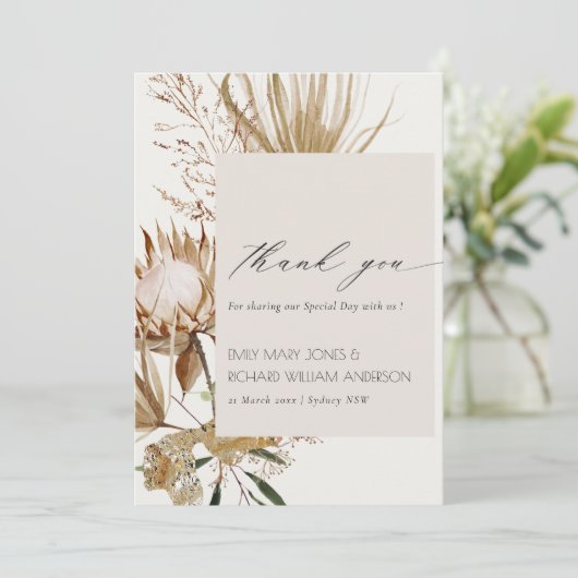 Elegant Boho Protea Dried Palm Floral Wedding Dankeskarte (Stehend Vorderseite)