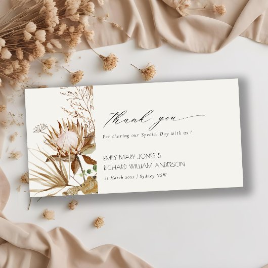 Elegant Boho Protea Dried Palm Floral Wedding Dankeskarte