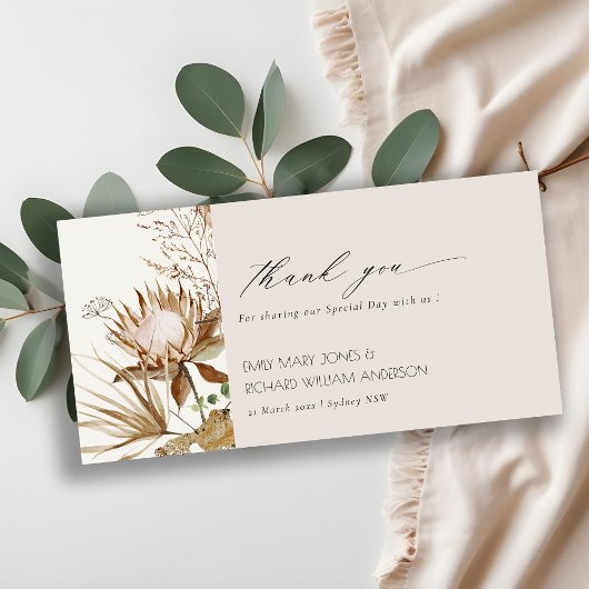 Elegant Boho Protea Dried Palm Floral Wedding Dankeskarte