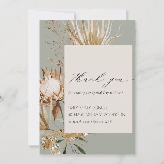Elegant Boho Protea Dried Palm Floral Wedding Dankeskarte (Vorderseite)